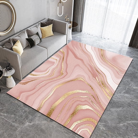 Marble Style Area Rugs, Golden Stripes Stone Grain Texture Rectangle Carpet, Modern Indoor Easy Clean Non-Slip Durable Rug for Living Room Bedroom Study Dining Office Mats 4ft x 8ft