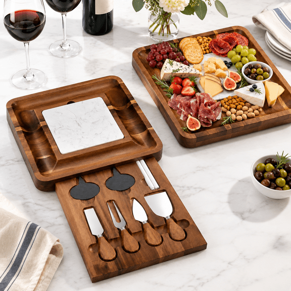 Marble Style Slate Cheese Board Set with Wood Accent and Serving Drawer
