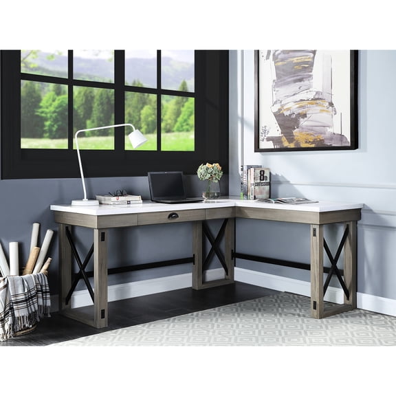 Marble Surface Writing Desk In Rustic Oak - For Heavy Use With And Organize Your Office Supplies