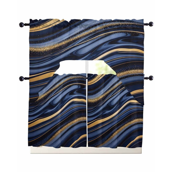 Marble Swag Curtains for Living Room/Bedroom Windows, Navy Blue Modern Abstract Gold Gradual Art Kitchen Curtains and Valances Set 36 Inch Length, Light Filtering Swags Valance Curtain Panels