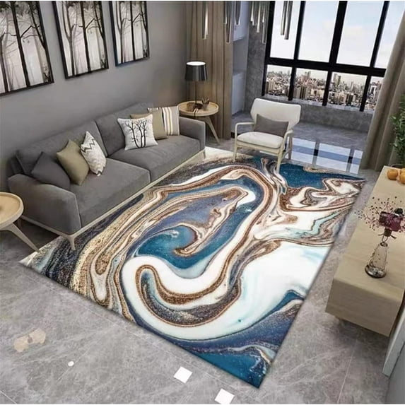 Marble Swirl Area Rug,Abstract Art Painting Golden Swirl Print Rug, Modern Style Home Decor Rug For Living Room, Bedroom, Kitchen, Bathroom Soft Non-Slip 5x6ft