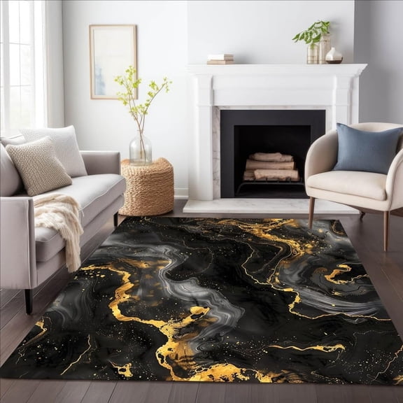 Marble Swirl Black Grey Gold Area Rug, Luxury Modern Design Carpet, Washable Non Slip Soft Pile, Living Room Bedroom Dining Room Office Mat 2x3ft