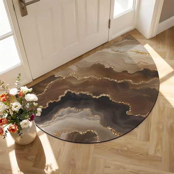 Marble Swirl Diatomaceous Earth Bath Mat, Rustic Boho Earthy Rustic Brown Agate Marble Gold Dust Half Round Non-Slip Quick Dry Door Mat Super Absorbent Bath Rug for Bathroom Kitchen Laundry 24x36in