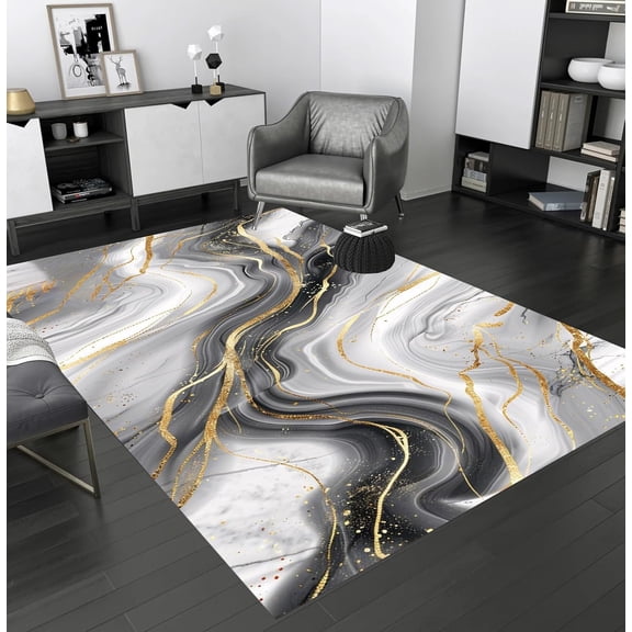 Marble Swirl Grey Gold Area Rug, Modern Design Carpet, Washable Non Slip Soft Pile, Living Room Bedroom Dining Room Office Mat 3x5ft