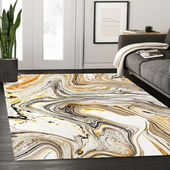 Marble Swirl Modern Abstract Brown Cream Yellow Aesthetic Rug For Living Dining Room Soft Carpet Bedroom Office Rug Indoor Outdoor Floor Rugs 2x3ft