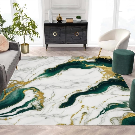 Marble Swirl Modern Abstract Emerald Green Grey Gold Area Rug For Living Room Bedroom Ultra Soft Carpet Under Dining TableAesthetic Home Office Carpets 5x6ft