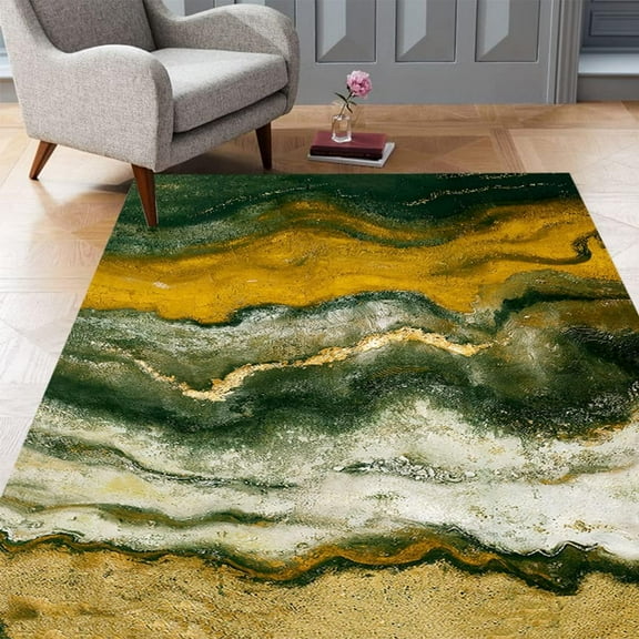 Marble Swirl Painting Green Gold Grey Area Rug for Living Room Bedroom Dining Room Modern Abstract Shaggy Low Pile Office Floor Carpet Washable Durable Kitchen Bath Rugs 2x3ft