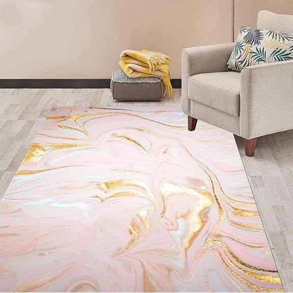 Marble Swirl Pink And Gold Area Rug Soft Thick Modern Abstract Carpet For Girls Bedroom Living Room Boho Chic Rug Under Dining Table Indoor Home Office Floor Rug 4 x 6ft