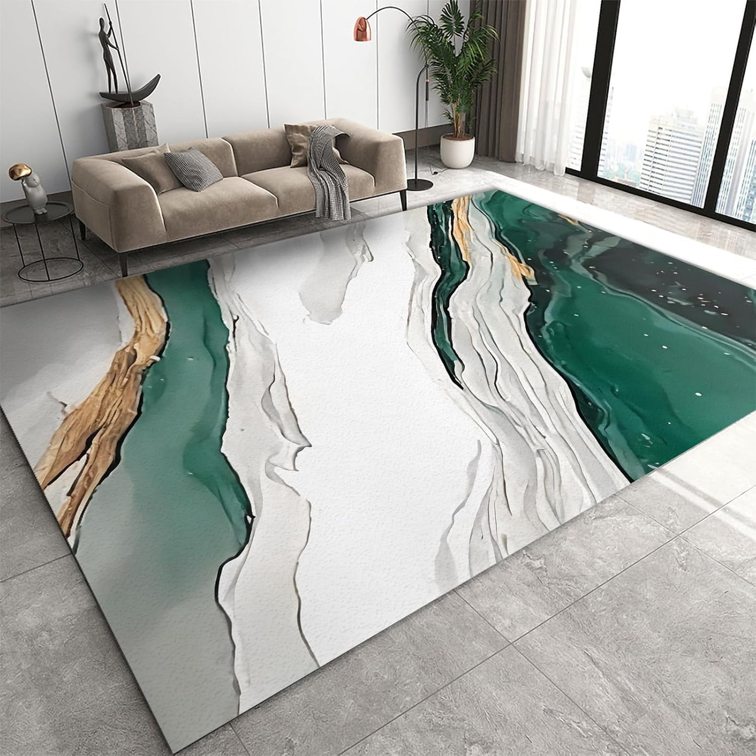 Marble Swirl Rug Modern Abstract Grey Gold Emerald Green Area Rugs 5' x ...