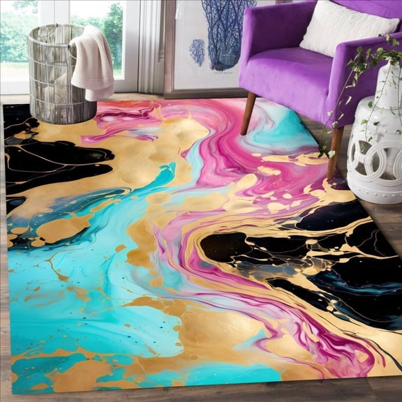 Marble Swirl Teal Pink Black Gold Area Rug, Modern Abstract Design Carpet, Washable Non Slip Soft Pile, Living Room Bedroom Dining Room Office Mat 5x8ft