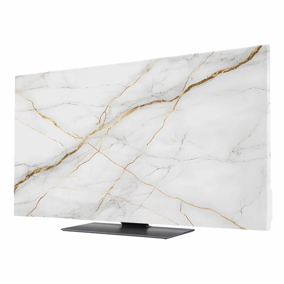 Marble TV Cover for 40 Inch Screen, Stretch Fabric Dustproof TV Display Protector, Grey Golden Crack Minimalistic Abstract Elastic Slipcover Monitor Cover for Indoor Desktop Computer 34.9"x19.6"