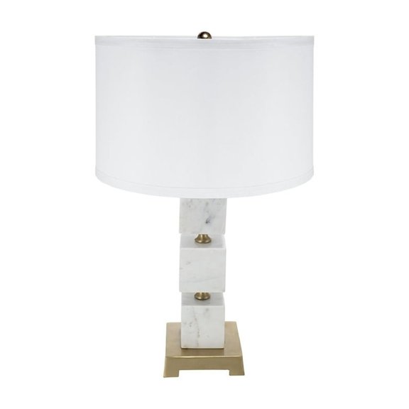 Marble Table Lamp - Gold Accent Cube Design - White Drum Shade - 16" Diameter x 26.5" Height