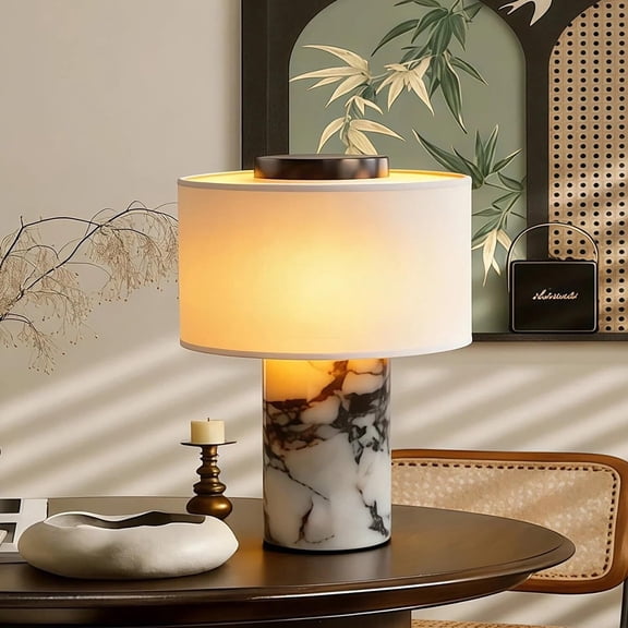 Marble Table Lamp with USB Port,Luxury Bedroom Nightstand Stone Base Touch Dimmable Night Light,High End Linen Lamp Shades,Cordless Side Table Lamp for Contemporary Coastal Living Room