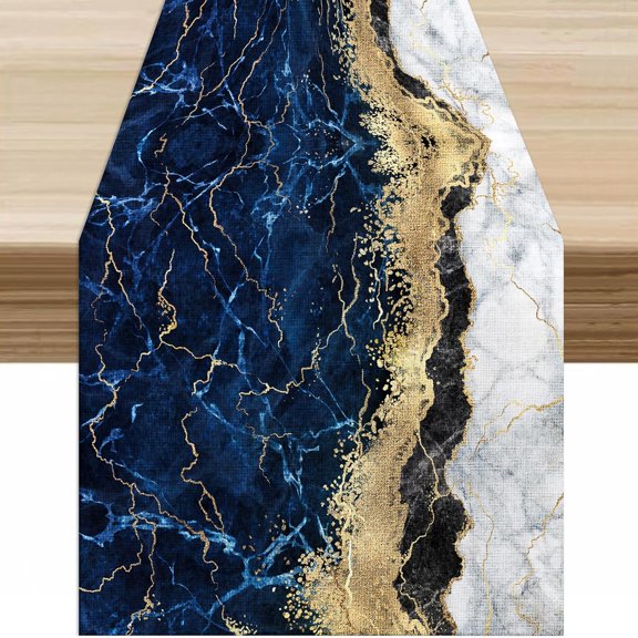 Marble Table Runner,Blue Gold Abstract Marble Texture Geometric Texture Crackle Elegant Art Table Decor Table Top Dining Room Kitchen Wedding Party 13x120 in
