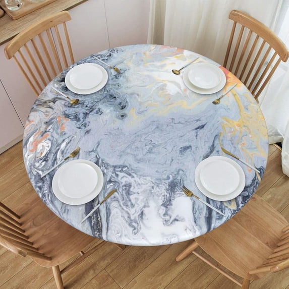 Marble Tablecloth with Elastic Edge, Round Table Cloth Marbling Texture Washable Reusable Table Cover for Kitchen Dining Party Picnic, Small (Suitable for 40-44 in)