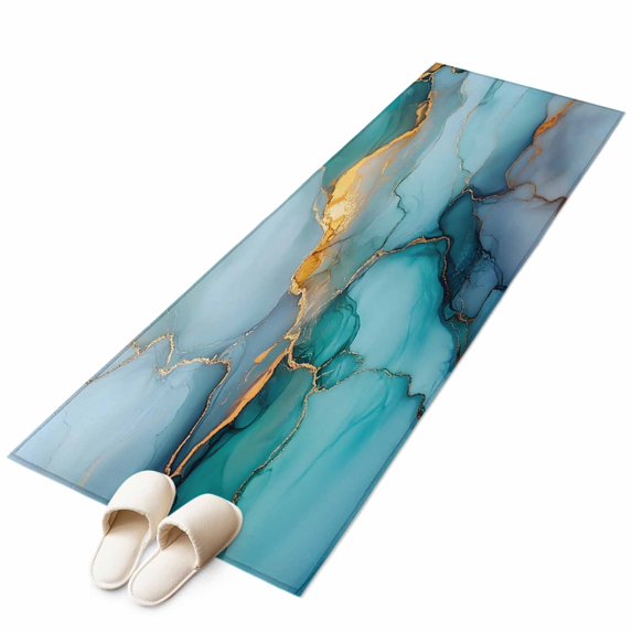 Ink Drawing Rug Marble Teal 2'x6' Runner Rug, Modern Ink Painting Abstract Golden Art ...