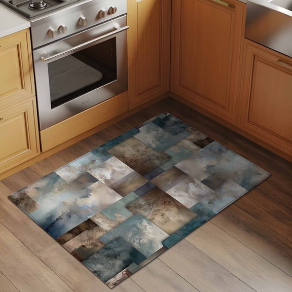 Marble Teal 2x3 Rug for Entryway Front Door Kitchen Sink Area, Brown Abstract Geometric Lines Low Pile Washable Non Slip Rectangle Area Rug