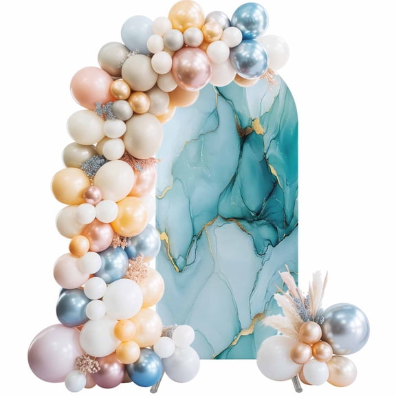 Marble Teal Arch Backdrop Cover 4x1.65 Ft, Spandex Wedding Arch Stand Cover, Golden Ink Painting Abstract Modern Round Top Stretch Fitted Background Covers for Birthday Ceremony Party Decor