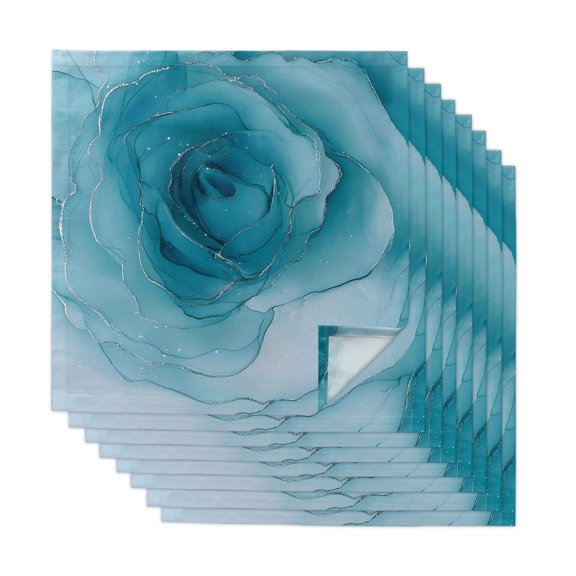 Marble Teal Blue Cloth Napkins, Modern Rose Floral Ink Art Silver Lines Washable and Reusable Dinner Napkins Set of 8, Table Napkin for Kitchen Party Birthday Wedding Hotel Housewarming 20"x20"