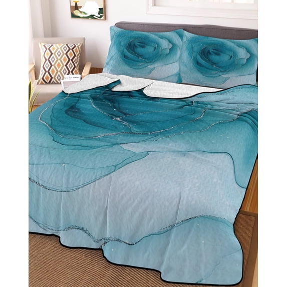 Marble Teal Blue King Size Down Alternative Comforter,Lightweight Comforter Quilt Bedding Set with Pillow Shams Modern Rose Floral Ink Art Silver Lines All Seasons Bed Comforter Duvet Insert 96"x106"