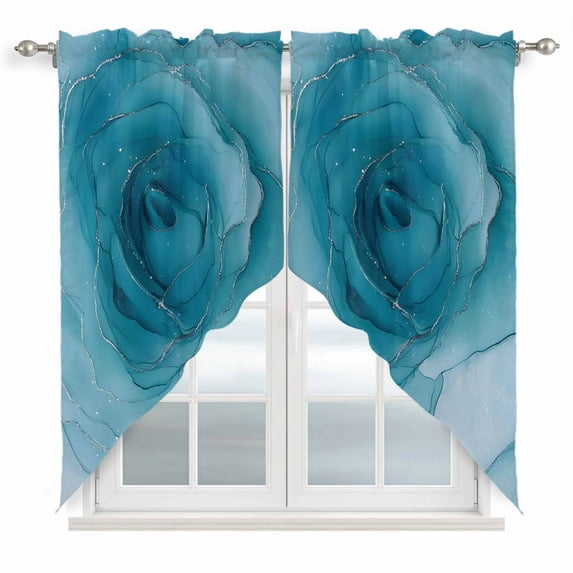 Marble Teal Blue Kitchen Window Curtains, Swag Curtains Valance for Bedroom Living Room Bathroom, Modern Rose Floral Ink Art Silver Lines Rod Pocket Window Curtain Block Drapes 2 Panels 36"x36"
