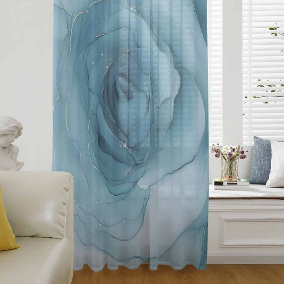 Marble Teal Blue Semi Sheer Curtains Drapes for Living Room,Bedroom,French Doors Window 84 Inches Long,Modern Rose Floral Ink Art Silver Lines Rod Pocket Chiffon Curtain Drapery Voile Drape Panel