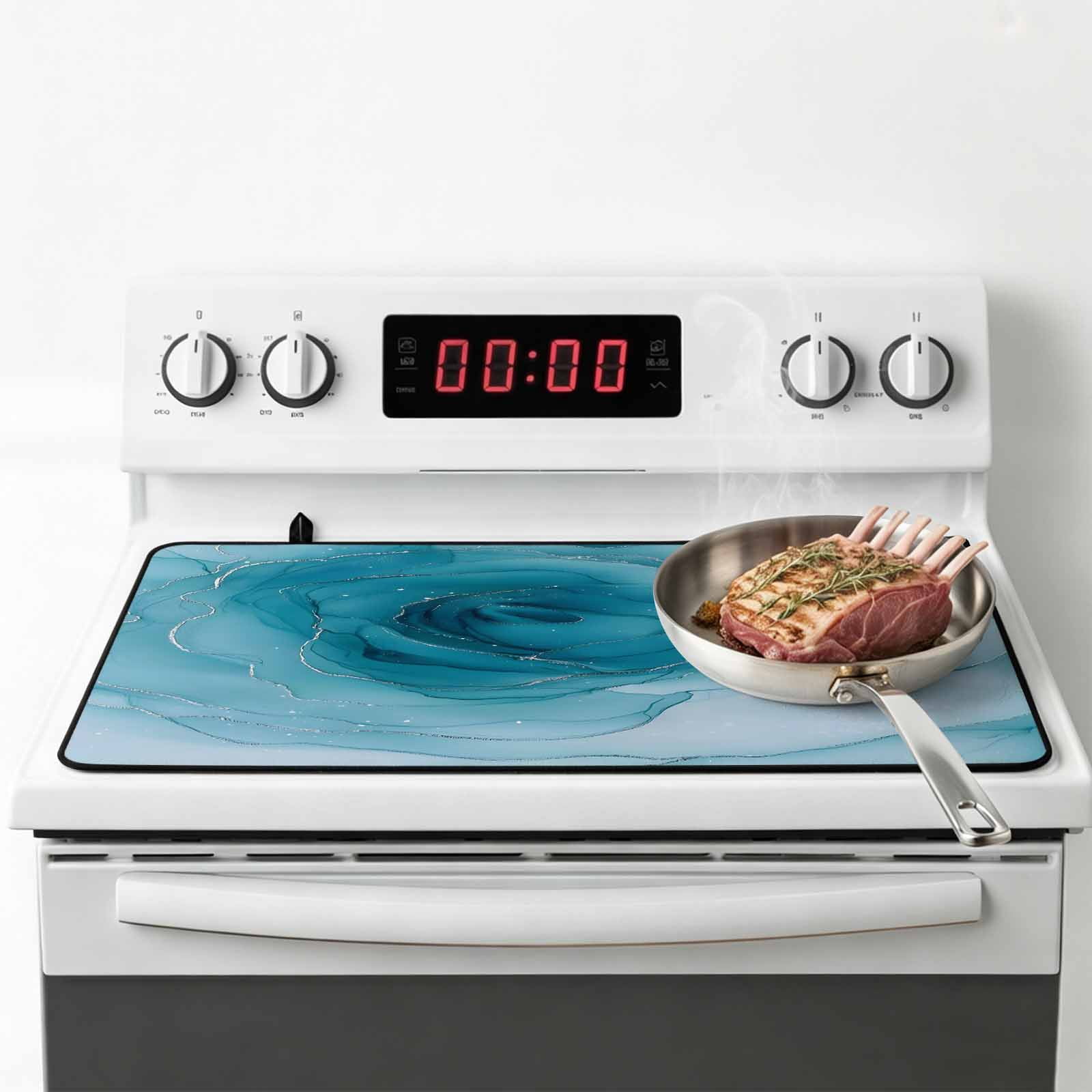 Marble Teal Blue Stove Top Cover for Electric Stove, Heat-proof & Non Slip Glass Top Stove Cover Protector, Modern Rose Floral Ink Art Silver Lines Kitchen Flat Cooktop Rubber Mat 24x21 Inches