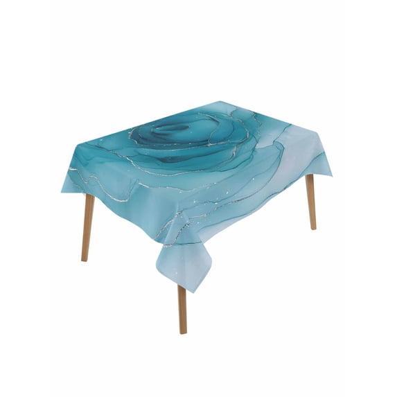 Marble Teal Blue Table Cloth, Waterproof Tablecloth for Rectangle Tables, Modern Rose Floral Ink Art Silver Lines Reusable Washable Fabric Table Cover for Restaurant Kitchen Dining Tables 60"x84"
