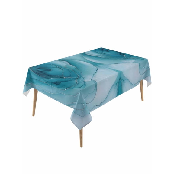 Marble Teal Blue Table Cloth, Waterproof Tablecloth for Rectangle Tables, Modern Rose Floral Ink Art Silver Lines Reusable Washable Fabric Table Cover for Restaurant Kitchen Dining Tables 60"x120"