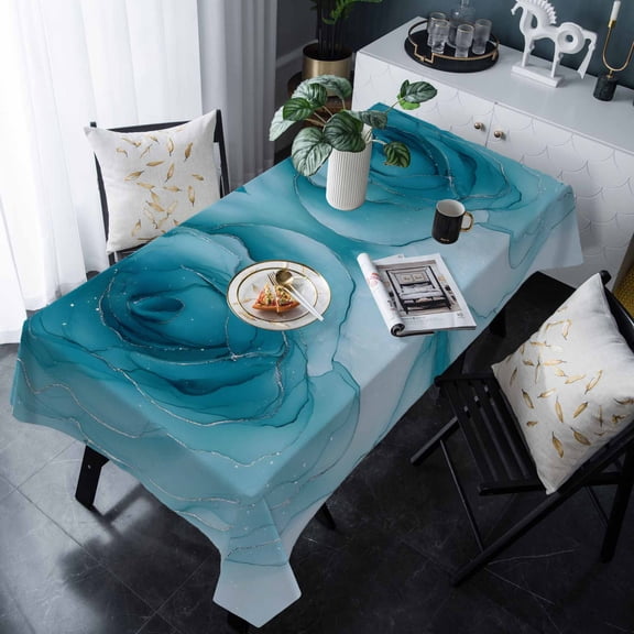 Marble Teal Blue Tablecloth Rectangle Table Cloth 60x120 , Waterproof Tablecloth Outdoor Table Cloth, Modern Rose Floral Ink Art Silver Lines Washable Table Cover for Kitchen Dining Party