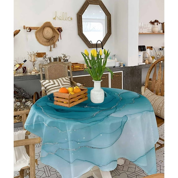 Marble Teal Blue Tablecloth Square Table Cloth 60x60 , Waterproof Tablecloth Outdoor Table Cloth, Modern Rose Floral Ink Art Silver Lines Washable Table Cover for Kitchen Dining Party