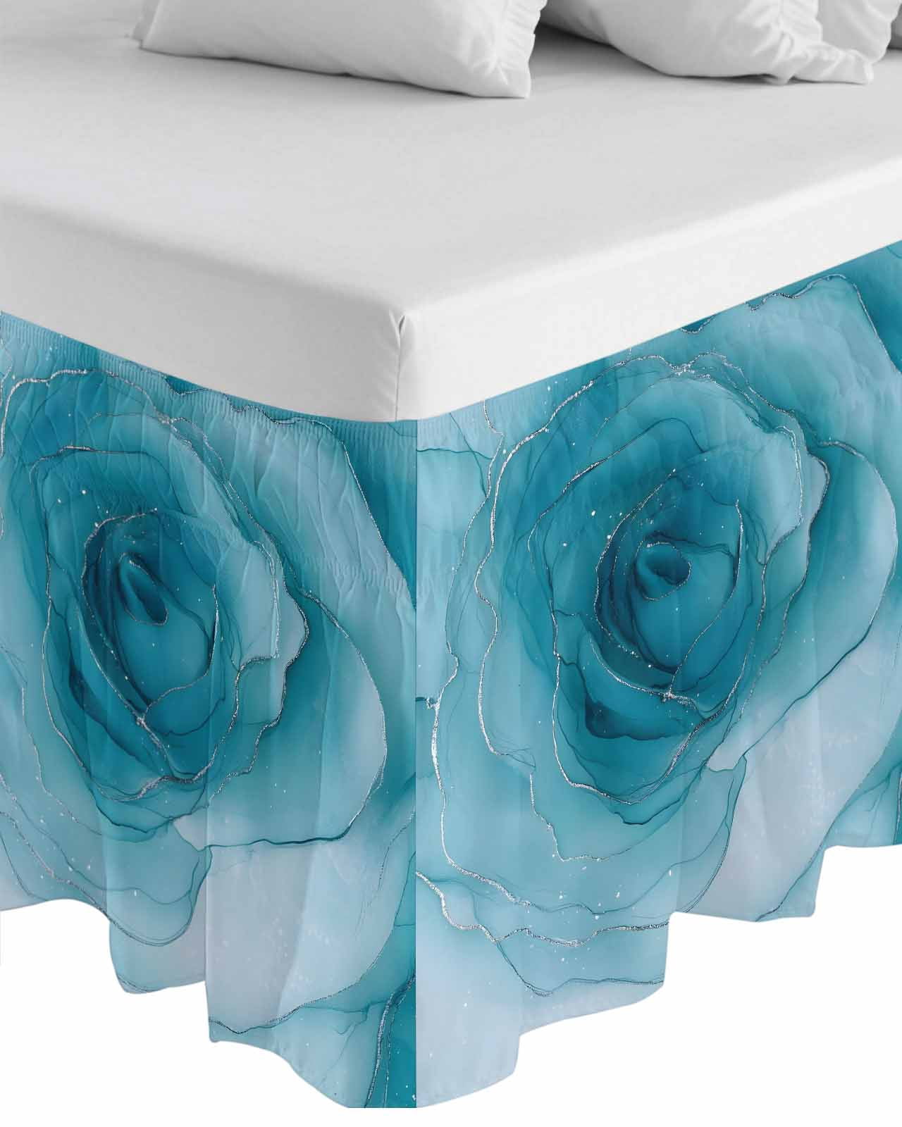 Marble Teal Blue Wrap Around Bed Skirts for King Bed 16" Drop,Bed Skirt with Adjustable Elastic Belt Dust Ruffle Bed Valance for Bedroom Hotel Modern Rose Floral Ink Art Silver Lines Bed Frame Cover