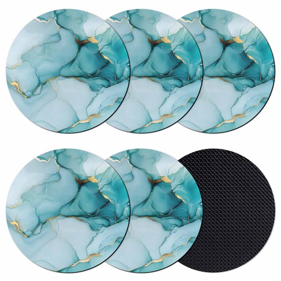 Marble Teal Coasters Set of 6, Golden Ink Painting Abstract Modern Absorbent Coasters for Drinks, Coaster for Bar Office Dining Coffee Table Accessories Decor, Non Slip Round Desk Coaster