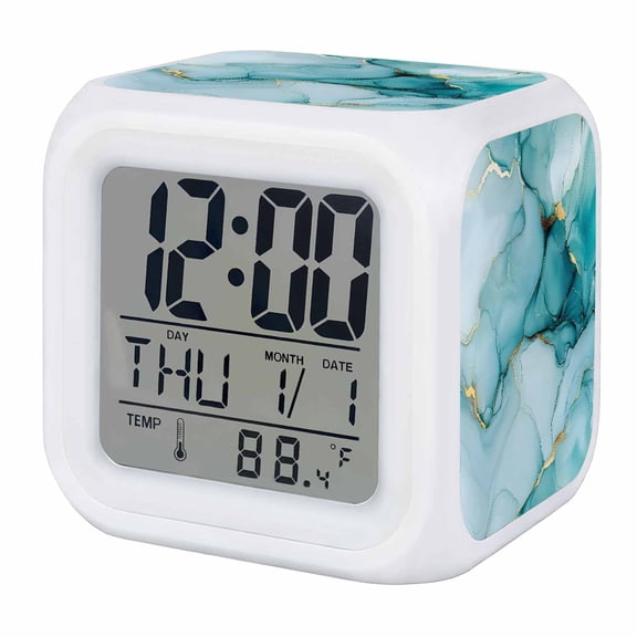 Marble Teal Digital Alarm Clock for Bedrooms, Smart LED Alarm Clock with 7 Color Changing Night Light, Golden Ink Painting Abstract Modern Silent Wake Up Clocks for Sleep Study Cooking 3.2"x3.2"