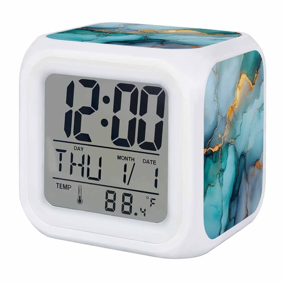 Marble Teal Digital Alarm Clock for Bedrooms, Smart LED Alarm Clock with 7 Color Changing Night Light, Modern Ink Painting Abstract Golden Art Silent Wake Up Clocks for Sleep Study Cooking 3.2"x3.2"