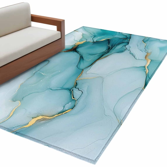 Marble Teal Large Area Rugs for Bedroom Living Room, Soft Non Slip Carpet Bedside Rug, Golden Ink Painting Abstract Modern Rectangular Floor Cover Kitchen Accent Rug 4'x6' for Dining Room/Office