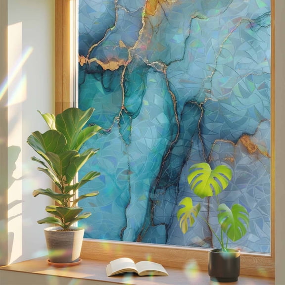 Marble Teal Privacy Window Film, Decorative Stained Glass Window Film, Modern Ink Painting Abstract Golden Art Resuable Rainbow Static Cling for Home Bathroom Living Room Glass Door 23.6"x59"