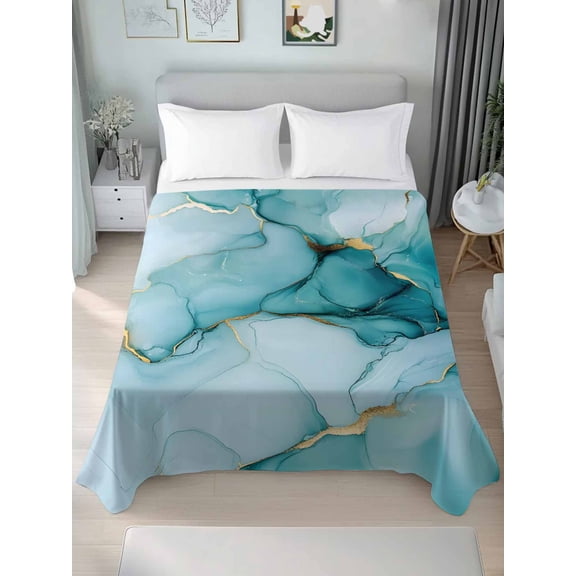 Marble Teal Queen Size Flat Sheet, Wrinkleproof & Fadeproof Cooling Flat Bed Sheet Only, Golden Ink Painting Abstract Modern Breathable Soft Bedding Top Sheets 90 x 102 Inches