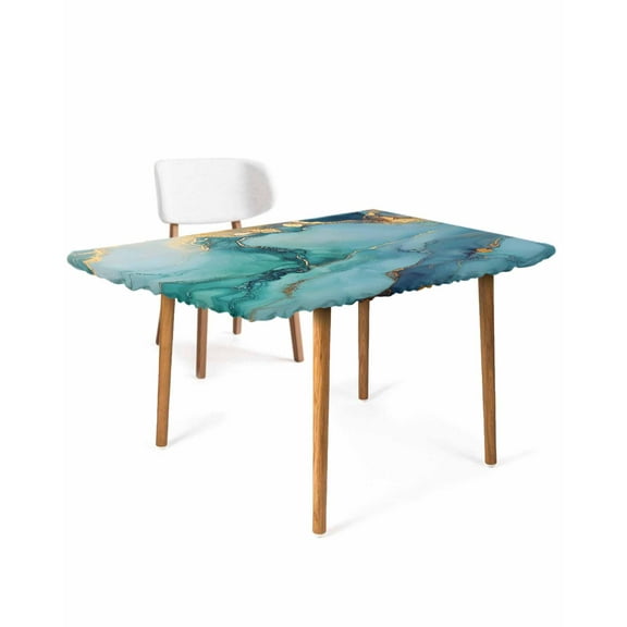 Marble Teal Rectangle Tablecloth, Waterproof Elastic Fitted Table Covers for 6 Foot Tables, 32x72inch Decorative Tablecloths for Picnic, Camping, Indoor, Outdoor, Luxury Golden Modern Abstract Art