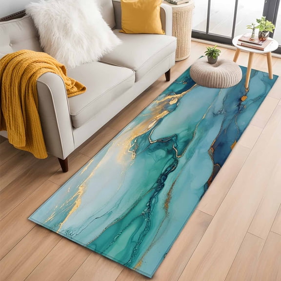 Marble Teal Runner Rug 2x6 FT, Non Slip Hallway Rugs, Luxury Golden Modern Abstract Art Washable Soft Floor Carpet Non-Shedding Throw Runner Carpet Long Rug for Entryway Kitchen Bedside Sliding Door