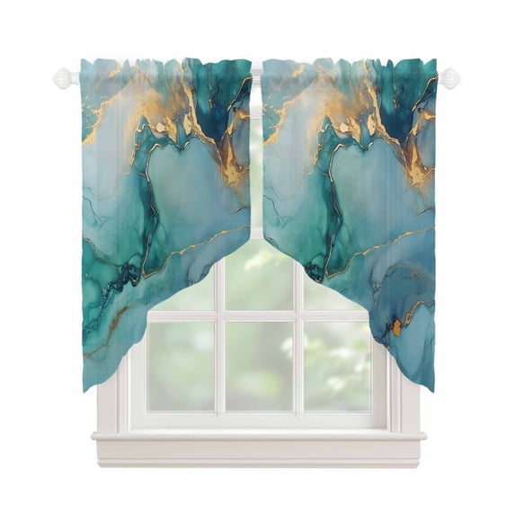 Marble Teal Swag Valances for Windows, Luxury Golden Modern Abstract Art Rod Pocket Sheer Valances for Small Windows, Swag Toppers Light Filtering for Kitchen Living Room 2 Panels 28''x36''