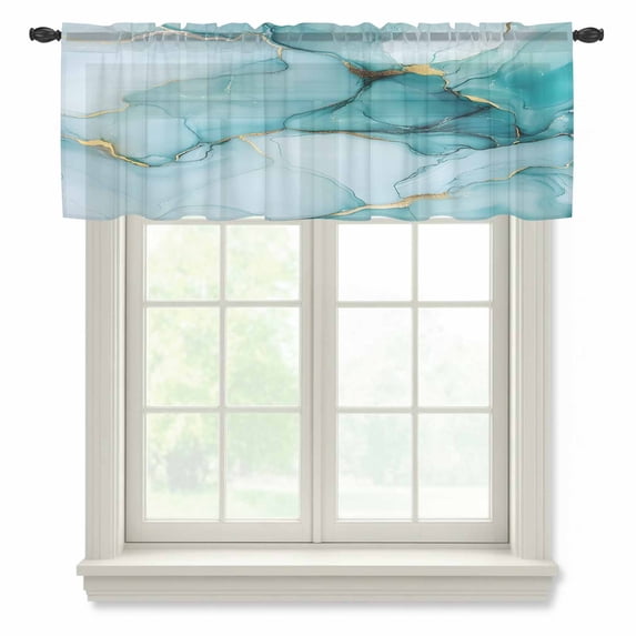 Marble Teal Valance Curtains for Kitchen/Living Room/Bathroom/Bedroom Window, Rod Pocket Small Topper Half Short Window Curtains Voile Sheer Scarf, Golden Ink Painting Abstract Modern 54"x18"