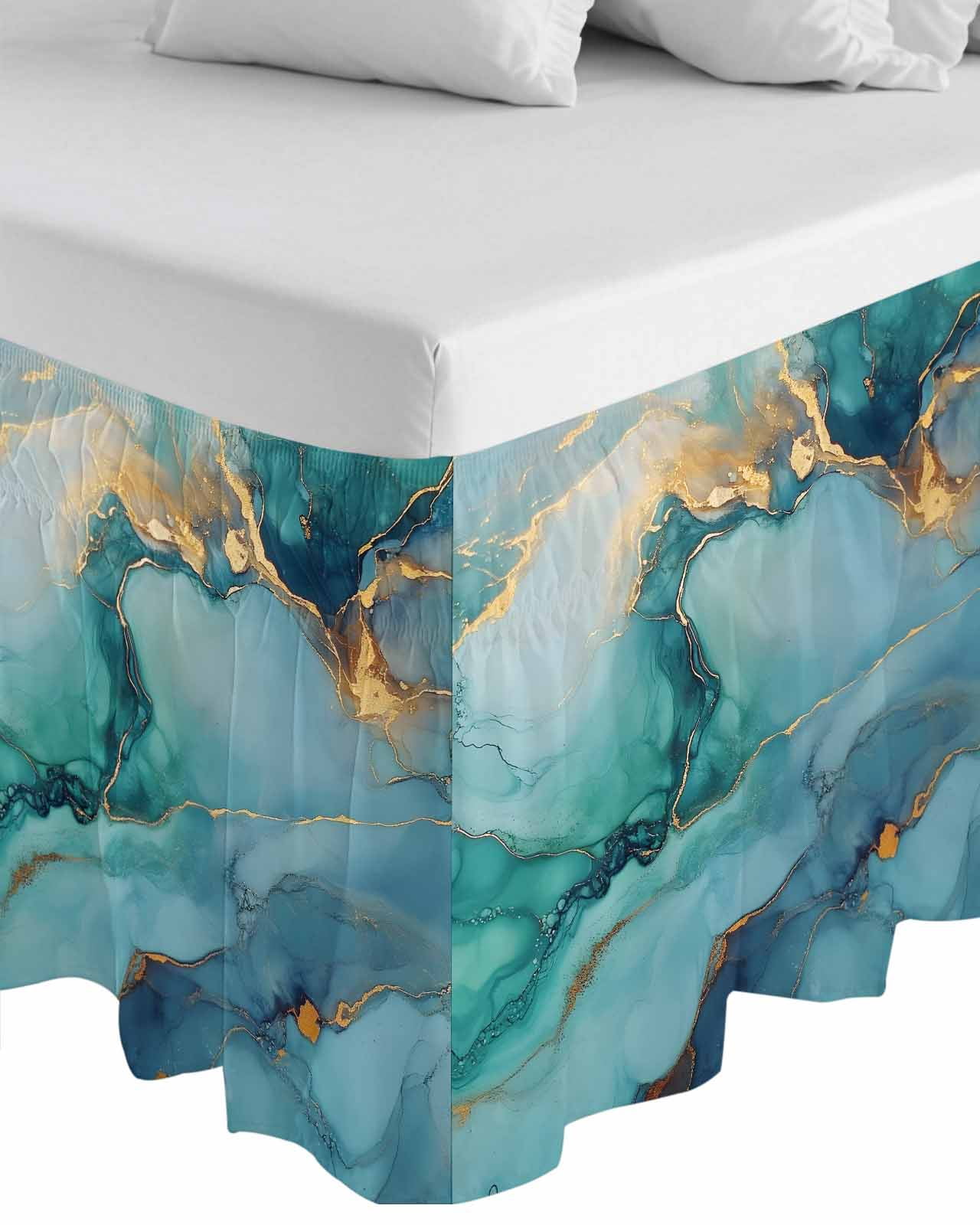 Marble Teal Wrap Around Bed Skirts for King Bed 16" Drop, Bed Skirt with Adjustable Elastic Belt Dust Ruffle Bed Valance for Bedroom Hotel Luxury Luxury Golden Modern Abstract Art Bed Frame Cover