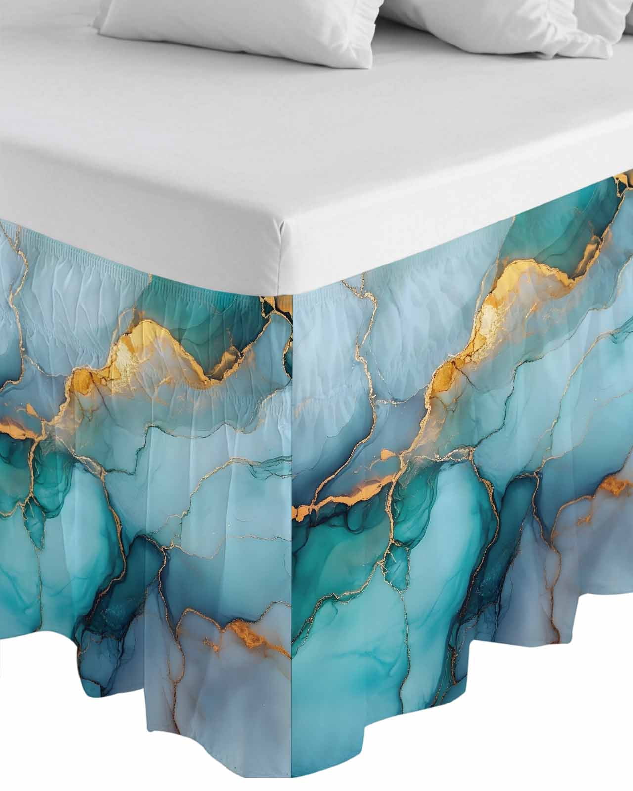 Marble Teal Wrap Around Bed Skirts for Queen Bed 16" Drop,Bed Skirt with Adjustable Elastic Belt Dust Ruffle Bed Valance for Bedroom Hotel Modern Ink Painting Abstract Golden Art Bed Frame Cover