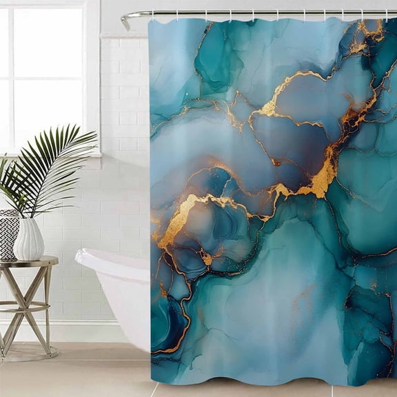 Marble Teal Yellow Extra Long Shower Curtain Set, Waterproof Shower Curtains for Bathroom, Modern Abstract Art Ink Painting Washable Fabric Cloth Bath Curtain for Bathtub with Hooks 72x96 Inches
