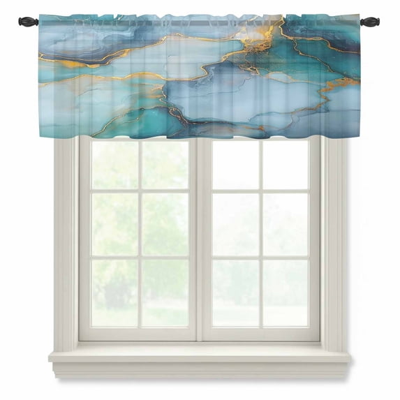 Marble Teal Yellow Valance Curtains for Kitchen/Living Room/Bathroom/Bedroom Window, Rod Pocket Small Topper Half Short Window Curtains Voile Sheer Scarf, Abstract Art Ink Painting 54"x18"