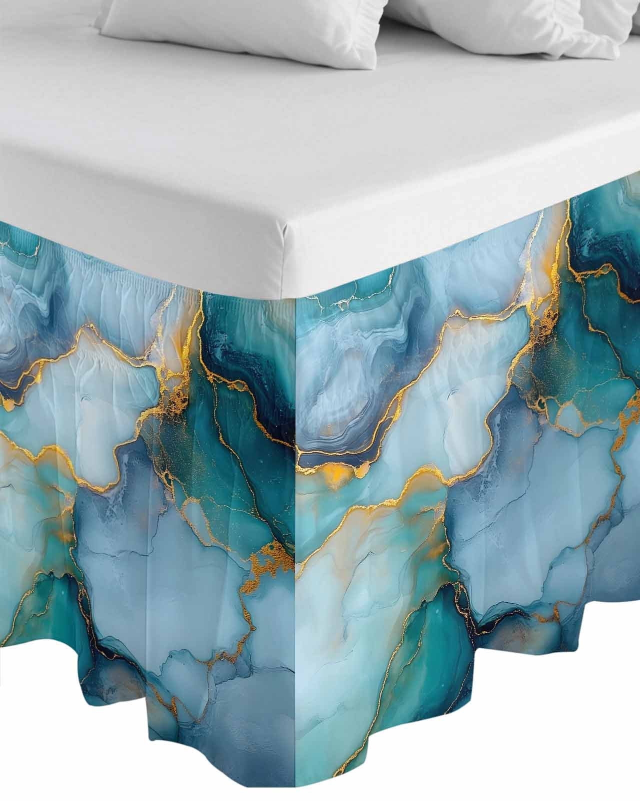 Marble Teal Yellow Wrap Around Bed Skirts for Queen Bed 16" Drop, Bed Skirt with Adjustable Elastic Belt Dust Ruffle Bed Valance for Bedroom Hotel Luxury Abstract Art Ink Painting Bed Frame Cover