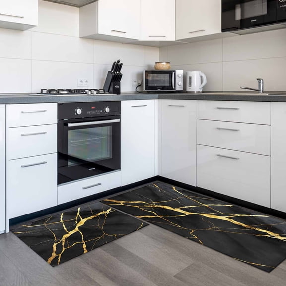 Marble Texture 2 Pieces Non-Slip Kitchen Mat Set, Modern Black Golden Ripple Effect Soft Door Mat with Rubber Backing, Dirtproof Rugs for Entrance Doorway, 15.7 x 47.2in