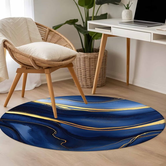 Marble Texture 3.3ft Round Rug for Bedroom Reading Corner, Modern Blue Golden Fluid Art Washable Non Slip Circle Area Rug