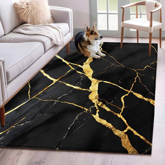 Marble Texture 3x5 Area Rugs for Living Room, Modern Black Golden Ripple Effect Non Slip Floor Mat Washable Low-Profile Indoor Carpet for Bedroom, Dining Room, Bathroom
